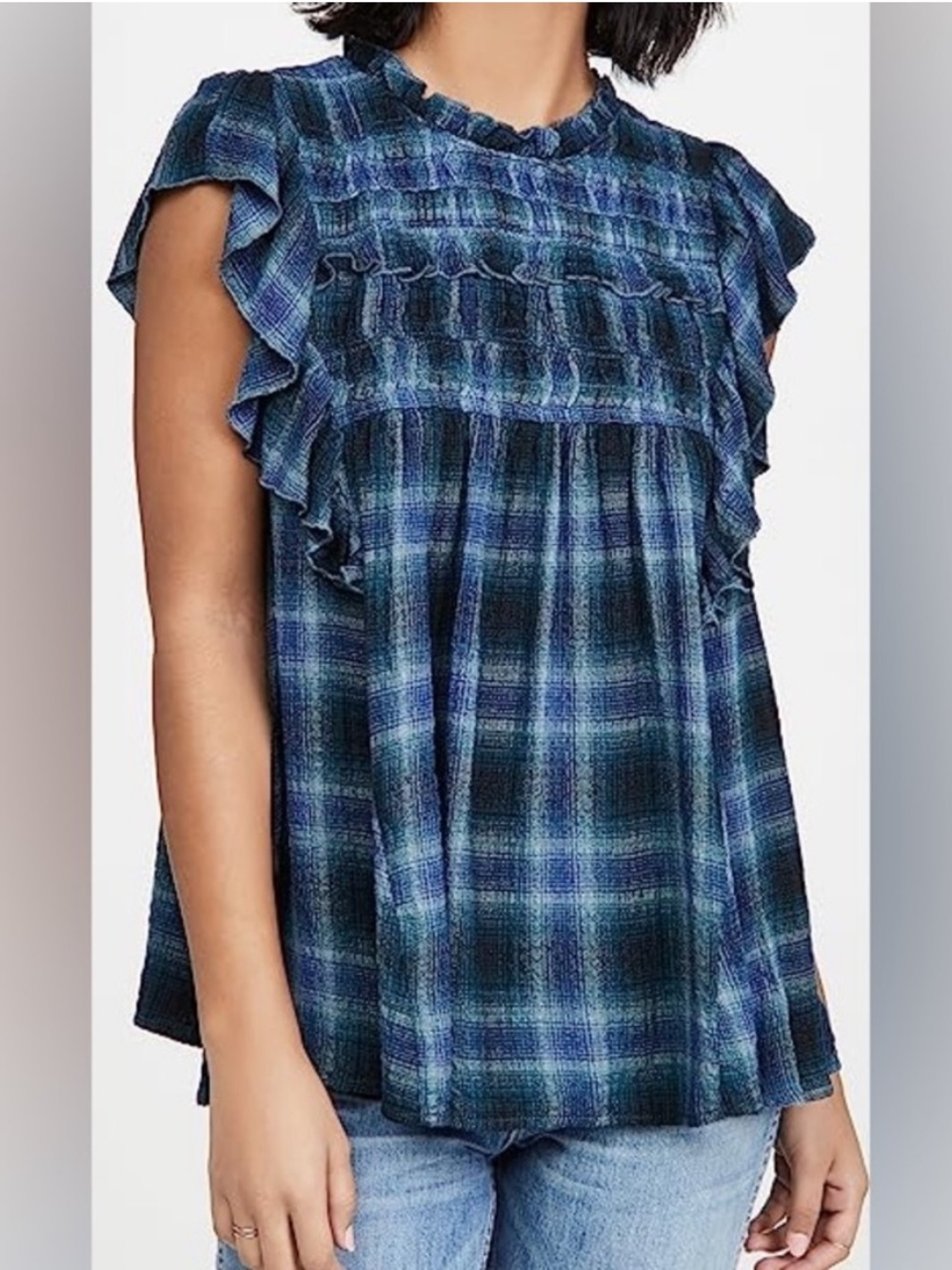 Free People Not Your Average Girl Blue Plaid Ruffle Cap-Sleeve Top